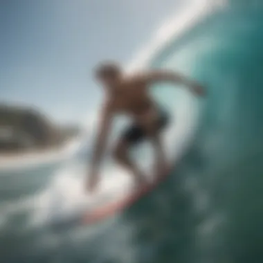 A surfer effortlessly navigating waves with swim fins