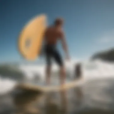 A surfer attaching the leash to their longboard before heading into the waves