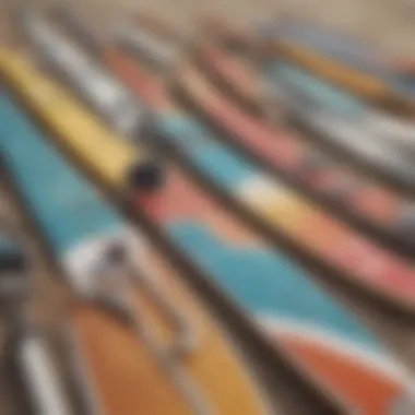 Different types of surfboard leashes displayed on a surface