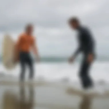 A group of surfers checking wind forecast on a mobile device