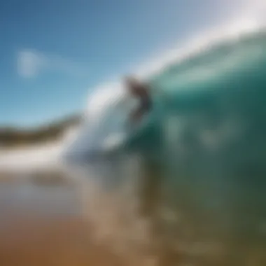 A group of surfers enjoying a sunny day at the beach with wave skimmer boards