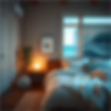 A peaceful bedroom setting with soft lighting and ocean sound machine
