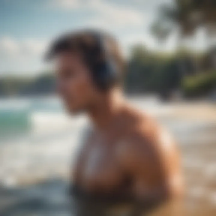 Surfer enjoying music with waterproof headphones on the beach