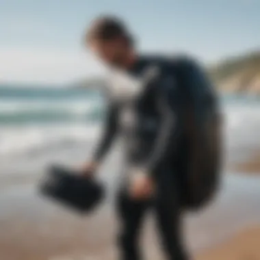 Features of a wetsuit changing bag, highlighting pockets and compartments